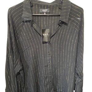 Oat New York Black Gold Pinstripe Button Down Blouse XL NWT Dressy Top‎